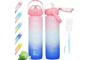 AOPREL 1L Water Bottles BPA Free Sports Drinking Bottle with Straw, Dishwasher Safe Leakproof Motivational Water Bottle with Time Markings, Non-Toxic Canteen Bottle with Handle (Pink Gradient)