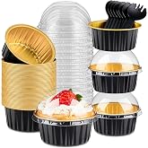 KAHEIGN 50 Pieces Mini Bread Molds with Lids and Spoons, 150 ml Round Aluminium Paper Containers for Baking Cakes with Sealin