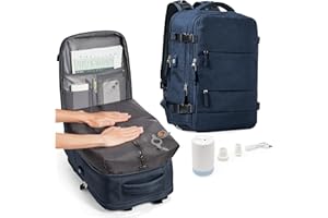 LIVBOTE Zaino Sottovuoto Viaggio con pompa sottovuoto, Zaino da Viaggio Aereo Bagaglio a Mano Ryanair 40x20x25 Zaini Airbag Borsa da Cabina per Donna Uomo,Blu navy con texture tipo lino