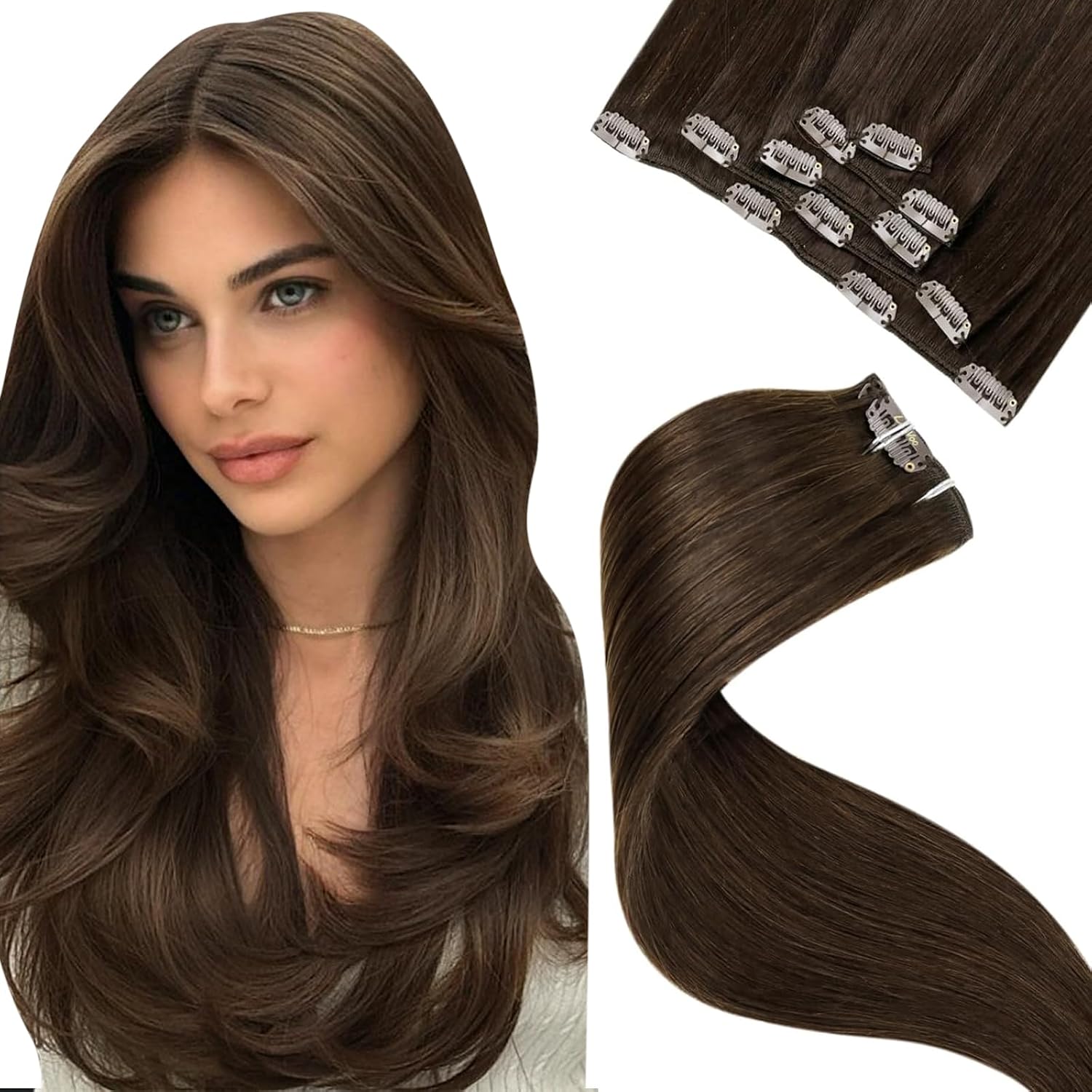 LaaVoo Hair Extensions Clip in Real Human Hair Brown Clip in Hair Extensions Dark Brown Remy Straight Hair Full Head Double Weft 80g 5pcs 14 Inch #4