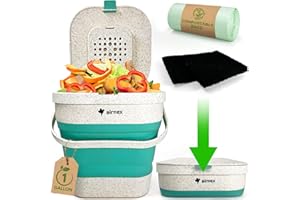 AIRNEX Collapsible Food Waste Bin with Lid - 1 Gallon Food Waste Caddy for Kitchen Made of Wheat Straw - Odor Free Compost Bin with Compostable Trash Bags and Carbon Filters