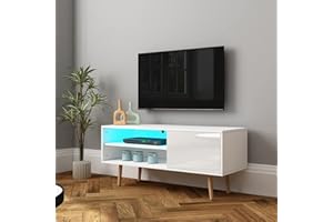 Senvoziii Modern TV Cabinet Led Light White High Gloss Front TV Stand Unit 110CM with 1 Door 2 Open Shelves TV Units with Wooden Legs for Living Room Bedroom Home Furniture