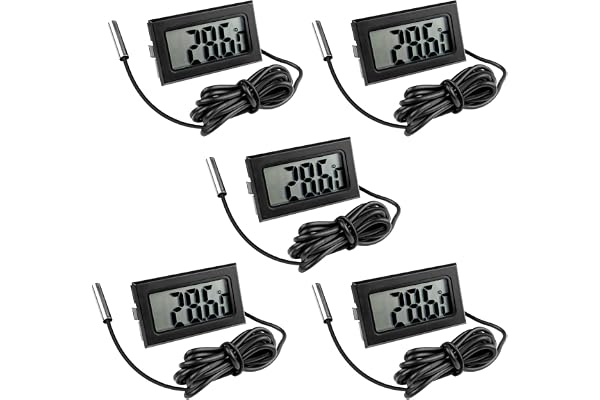 Gvolatee 5 Piezas Termómetro Acuario, Negro Termometro Nevera Frigorifico, Sensor de Temperatura, Mini Termómetro Digital LCD con Sonda Externa Impermeable para Refrigerador Congelador Acuario