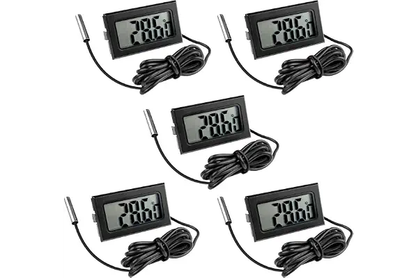 Gvolatee 5 Piezas Termómetro Acuario, Negro Termometro Nevera Frigorifico, Sensor de Temperatura, Mini Termómetro Digital LCD con Sonda Externa Impermeable para Refrigerador Congelador Acuario
