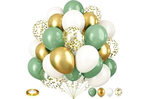 ISNDARE Sage Green and Gold Balloons - 12 Inch Olive Green, White Metallic Gold Confetti Latex Balloons Set for Girls Women Birthday Wedding Jungle Baby Shower Party Decorations