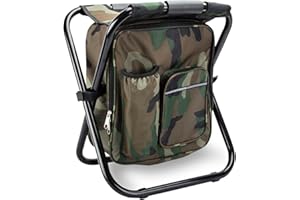 Kikerike Folding Stool Backpack Insulated Cooler Bag, Collapsible Camping Hunting Fishing Multifunction Chair with Front Pocket and Bottle Pocket for Outdoor Events, Hiking, Travel, Beach