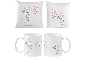 Quodelo Regalos Originales para Parejas, Pack 2 Fundas de Cojín 40 * 40cm.(Sin Relleno) y 2 Tazas, Ya Sabes qué Regalar a tu Pareja en su Cumple, Bonita Presentación, Regalos de Pareja para Disfrutar
