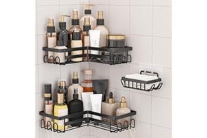 rigors estante de ducha sin taladrar, estante de ducha de 3 piezas esquinero con ganchos, estante de ducha de acero inoxidable cesta de, organizador de baño autoadhesivo para baño y cocina negro