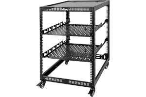 Tecmojo 19 tum 16U Open Frame 19" Nätverksställ för Servrar och AV-enheter, Stativ och Väggmontering möjlig, Nätverksskåp 4 Stolpar med Hjul, med 2 x 1U Hyllor och Monteringsmaterial