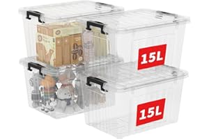 Cetomo 15L*4 Scatole di Stoccaggio con Coperchi, Contenitori in Plastica con Fibbie di Chiusura, Clip On, Impilabili, Incastonabili, Organizzatore a Righe per Casa Ufficio, Trasparente, 15L-4 Pezzi