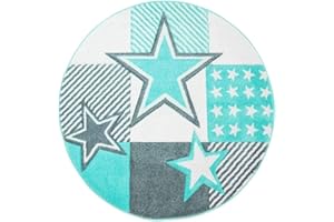 ‎CARPET CITY carpet city Kinderteppich Kinderzimmer 160x160 cm Rund Mint Türkis Sterne Motiv Flachflor Spielteppich