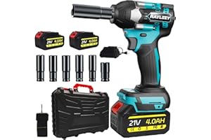 RAYLEEY Cordless 1/2 Inch Impact Wrench,1000 N.m(740 Ft-lbs) Brushless High Torque Electric Impact Gun, 3000RPM Power Impact Driver, 2X 4.0AH Li-ion Battery,Charger & 6Pcs Sockets for Car Home DIY Furniture