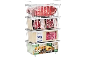 iSPECLE Chest Freezer Baskets - 4 Pack Stackable Wire Basket Add Space for 198L Deep Freezer Easy Get Food with Handles, Sort Food Air Circulation Keep Better Freshness, White