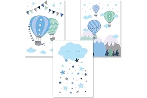 PREMYO Quadri per Camera Bambini - Set Poster Mongolfiera Nuvole Blu - Stampe Parete Decorazione Cameretta Neonato A4