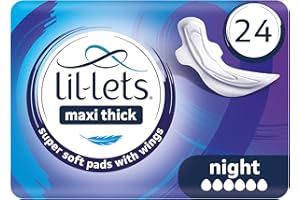Lil-Lets Maxi Thick Period Pads X 24, Night Absorbency, with Wings, 1 Pack of 24 Maxi Pads, for Very Heavy/Extra Heavy Overnight Flow, Unscented, Nightime Sanitary Towel (Packing May Vary)