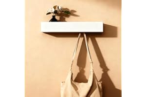 WJUAN 43,5cm Attaccapanni da Parete con Mensola, 5 Ganci Nascosti, Appendiabiti in Legno e Metallo, Ganci Discreti per Ingresso, Camera da Letto, Bagno e Soggiorno, Appendivestiario Bianco