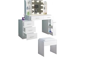 QUQQQUU Schminktisch mit Beleuchtung und Spiegel Weiß - LED Schminktisch Set mit 6 Schubladen + 6 Ablagen, 10 Helligkeitsstufen, Inklusive Hocker & Praktisches Design für Make-up Organisation