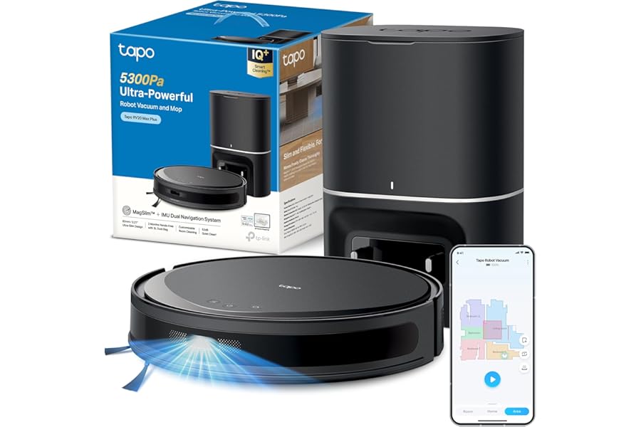 Tapo RV20 MAX Plus Robot Vacuum Cleaner with Mapping 5300Pa, Automatic Dust Emptying 3L, Navigation LiDAR MagSlim, Ultra Compact Design 83 mm, APP & Alexa & Google Control