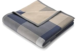 ‎BIEDERLACK biederlack® flauschig-weiche Kuscheldecke Pure Cotton Karo - blau I Made in Germany I Öko-Tex I Sofadecke aus 100% Baumwolle in 150x200 cm I blau-grau Karierte Wohndecke I nachhaltig produziert