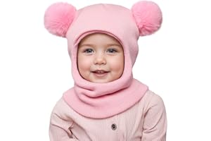 DRESHOW Kinder Wintermütze Warme Schal Schlupfmütze Strickmütze Kapuze Weiche Schalmütze mit Doppelt Bommel Pom Pom Beanie Mütze für Kleinkinder Jungen Mädchen 1-6 Jahre