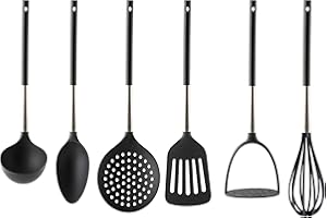 MASTER CHEF MasterChef Set d'Ustensiles, 6 pièces, Contient : Écumoire, Presse-purée, Spatule Ajourée, Cuillère, Louche & Fouet, Acier Inoxydable et Tête en Nylon