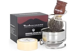 Tonhawness Shaving Brush Kit for Men, 4 in 1 Shaving Brush Set Includes Pure Badger Shaving Brush, Shaving Soap and Stainless Steel Shaving Bowl & Stand for Men’s Barber Shave Gift (Brown-A)