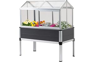 Outsunny Jardinière sur Pieds avec Serre de Jardin en Panneau Polycarbonate jardinière surélevée rectangulaire extérieur de Jardin toits ouvrables Portes coulissantes alu. 113,5 x 61 x 128,5 cm Gris