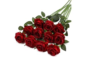 Tifuly Burgundy Fake Roses Artificial Flowers - 10 Pcs Fake Artificial Burgundy Roses Silk Flowers with Stems for Home Wedding Hotel Office Centerpiece Decor