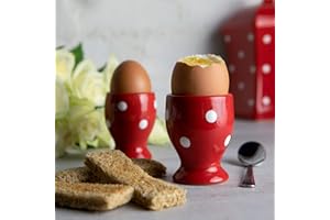 City to Cottage | Set de Deux coquetiers | Rouge à Pois Blancs en céramique Fait et Peint à la Main | Oeufs durs, à la Coque