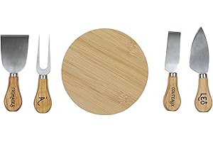 COOK CONCEPT - KU6548 Set de Queso con 4 Cuchillos de Acero Inoxidable y Tabla de Madera - Diseñado para Amantes del Queso - Dimensiones 19.5 x 15.5 x 2.5 cm - Color Natural