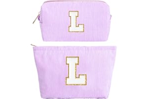 HAMATATA 2 Pièces Sac à Cosmétiques Violet en Velours Côtelé avec Initiales, Pochette Cosmétique Grande Capacité Trousse de Toilette de Voyage Femmes Filles Cadeaux d'anniversaire Noël Sac de Rangement(L)