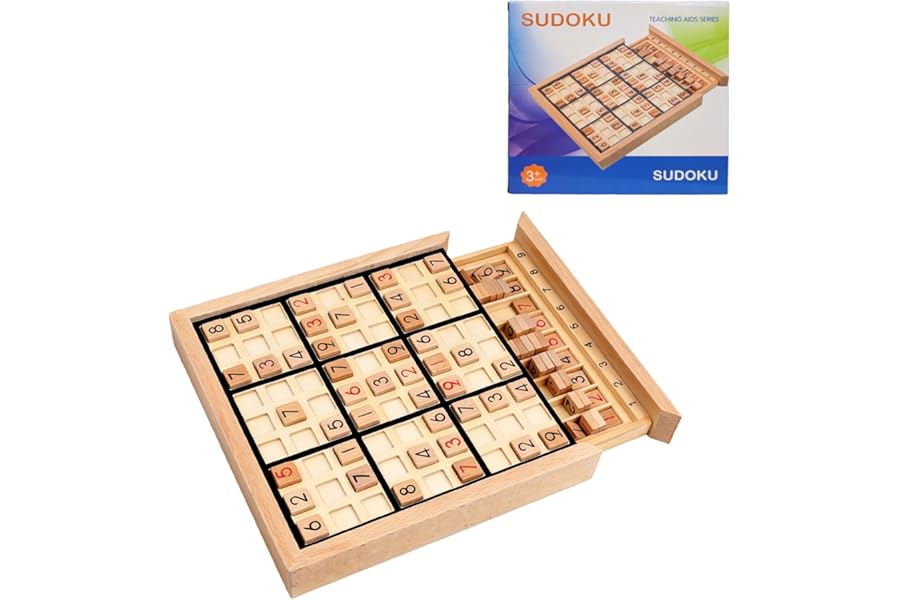 Wooden Sudoku Puzzle Board Game with Drawer, Includes Extra Number Tiles and Puzzles Booklet, Educational Logic Brain Teaser Toy for Adults and Kids (Black)​