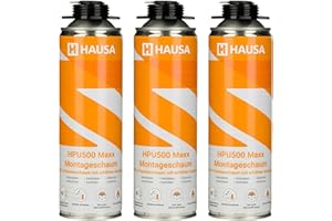 HAUSA HPU500 Maxx Mousse au Pistolet B2 Mousse de Montage Rendement Extrêmement Élevé Jusqu'à 48L Excellentes Propriétés d'Isolation 3x 500 ml Gris