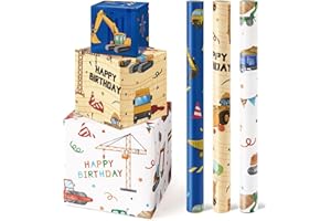WERNNSAI Bagger Geschenkpapier – 3 Rollen Bagger Geburtstags Geschenkpapier Kinder Junge Baustelle Geschenkverpackung Kindergeburtstage Deko Traktor Geschenkpapierrollen mit Schnittlinien 43 cm x 3 m