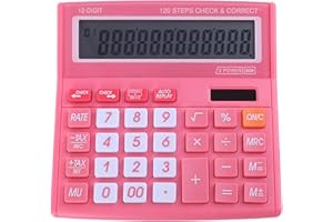 WZIOEPUL Desktop Calculator Basic Office Desk Calculator 12 Digit with Solar Power and Easy to Read LCD Display, Big Buttons, for Home, Office, School, Class and Business, with Battery - Pink
