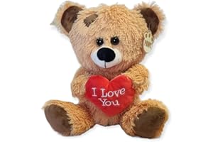 PAWS Brown Patchwork Teddy Bear holding Red Heart with "I Love You" written on it (Golden Brown, 10.5")