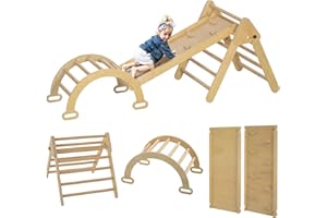 AIYAPLAY 5 en 1 Triángulo de Escalada Montessori con Arco y Rampa, Escalada para Niños de Madera Plegable, para 18-48 Meses, para Deslizarse o Escalar, 178x64,5 cm, Madera Natural