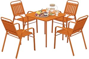Outsunny Salon de Jardin extérieur 5 pièces, Table de Jardin extérieure avec 4 chaises empilables, Plateau à Lattes 80 cm, Structure en Acier Anti-Rouille, mobilier de Jardin, terrasse, Patio, Orange