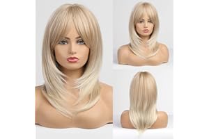 HAIRCUBE Longues Perruques Blondes Bouclées Perruques Synthétiques Longueur Épaule pour Femmes avec Frange 18 Pouces