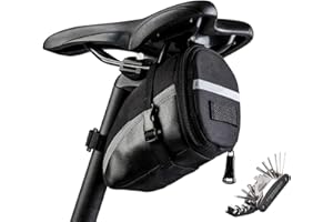 Fyfjur Bolsa Sillin Bicicleta Carretera, Reflectante Bolsa Sillin Bicicleta Montaña con Multiherramienta 16 en 1 para MTB Bici Carretera Plegable (15x7,5x10,5cm, Negro)