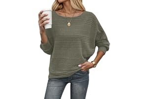 WNEEDU Pullover Damen Herbst Dünne Fledermausärmel Strickpullover Langarm Geripptes Pulli Sweater Sweatshirt Langarmshirt Elegant