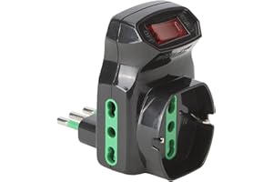 FANTON 87318 Adattatore triplo spina piccola 10A - 2 prese bipasso 16A - 1 presa bipasso italo/tedesca schuko con interruttore - protezione sovraccarico NERO