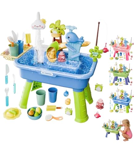 Évier De Jeu électrique – Thème éléphant, Eau Recirculée, Jet Volcanique, Pêche, Toboggan – Dès 1-3 Ans – Bleu