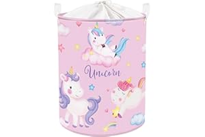 Clastyle 45L Cesta Ropa Sucia Unicornio Arco Iris Rosa Nube Estrellada Cestos Almacenaje Juguetes Plegable Redonda para Habitación Chicas, 36x45 cm