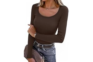 Aottori Camiseta Manga Larga Mujer Elegante Tops Cuello Redondo Hilo Jersey Slim Fit Elástico Camisetas Casual Básico Túnica Top