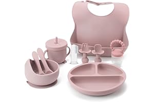 Indique Baby Weaning Set - 11 Pcs Silicone Baby Feeding Set with Suction Plate, Weaning Kit with Adjustable Bib, Fork, Spoon, Fruit Feeder & Toothbrush – Ideal Weaning Set Gift (Light Pink)