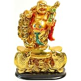 The Spiritual Living Laughing Buddha Idol with Money Coins & Twin Fish | 7 Inch | Feng Shui Statue for Wealth, Fortune & Posi