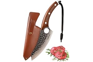 Fubinaty Couteau de chef Viking forgé à la main Couteau à désosser en acier à haute teneur en carbone Cleaver Manche en palissandre Couteaux de cuisine avec gaine en cuir véritable et lanière