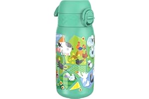 ION8 Butelka na Wodę dla Dzieci ze Lekki Stali, 400 ml/13 oz, Nieocieplany, Szczelna, Łatwa do Otwarcia, Bezpieczny Zamek, Można Myć w Zmywarce, Składany Uchwyt, Zwierzęta Gospodarskie