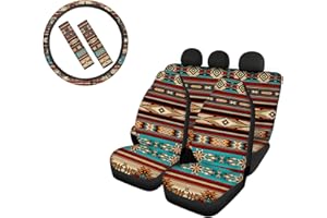 Coloranimal Southwest Tribal Aztekenmuster Auto Vordersitzbezug Rücksitzbezug Komplettset mit Auto Lenkradbezug Sicherheitsgurtpolster